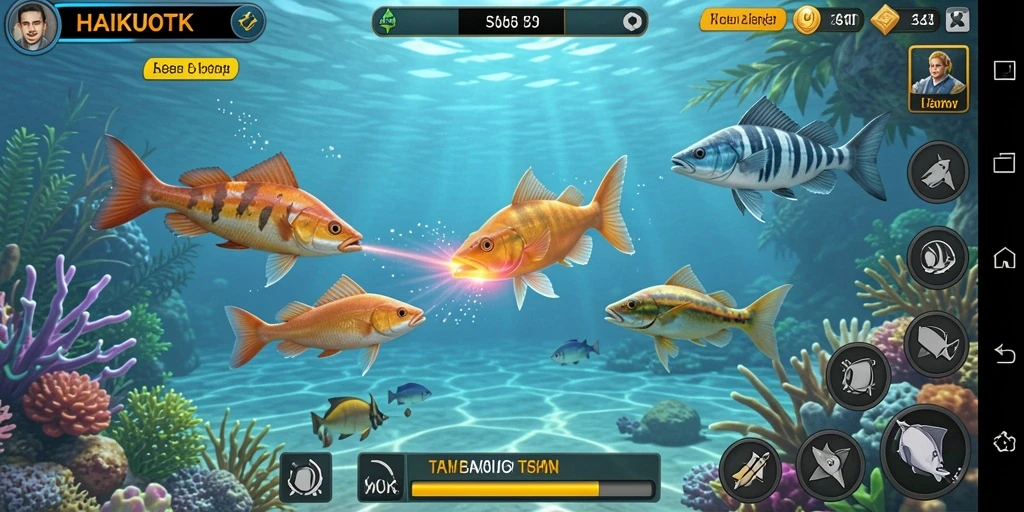 Gameplay HAIKUOTK dengan berbagai jenis ikan yang bisa ditembak.