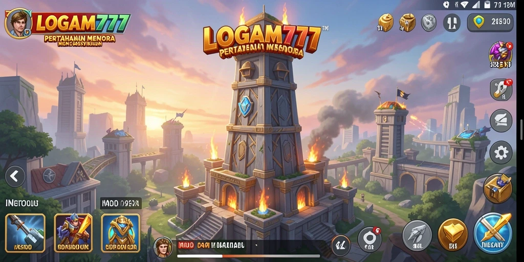 Screenshot gameplay LOGAM777 menampilkan menara yang siap tempur dalam pertahanan menara.