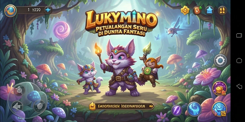 Tampilan gameplay seru dalam LUKYMINO yang menampilkan petualangan fantastis.