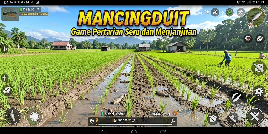 Screenshot gameplay MANCINGDUIT dengan berbagai tanaman dan ikan.