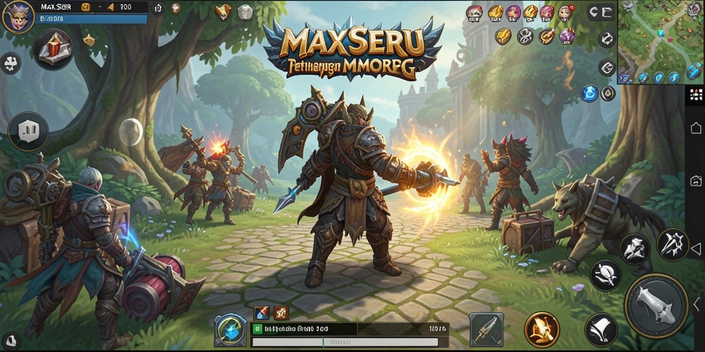 Screenshot gameplay MAXSERU menampilkan aksi pertempuran seru di dunia fantasi.