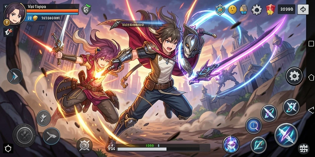 Screenshot utama V98 menampilkan aksi bertarung karakter Anime.